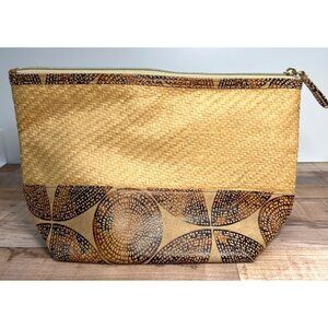 Handcrafted Woven Beige & Brown Zip Clutch With Geometric Print